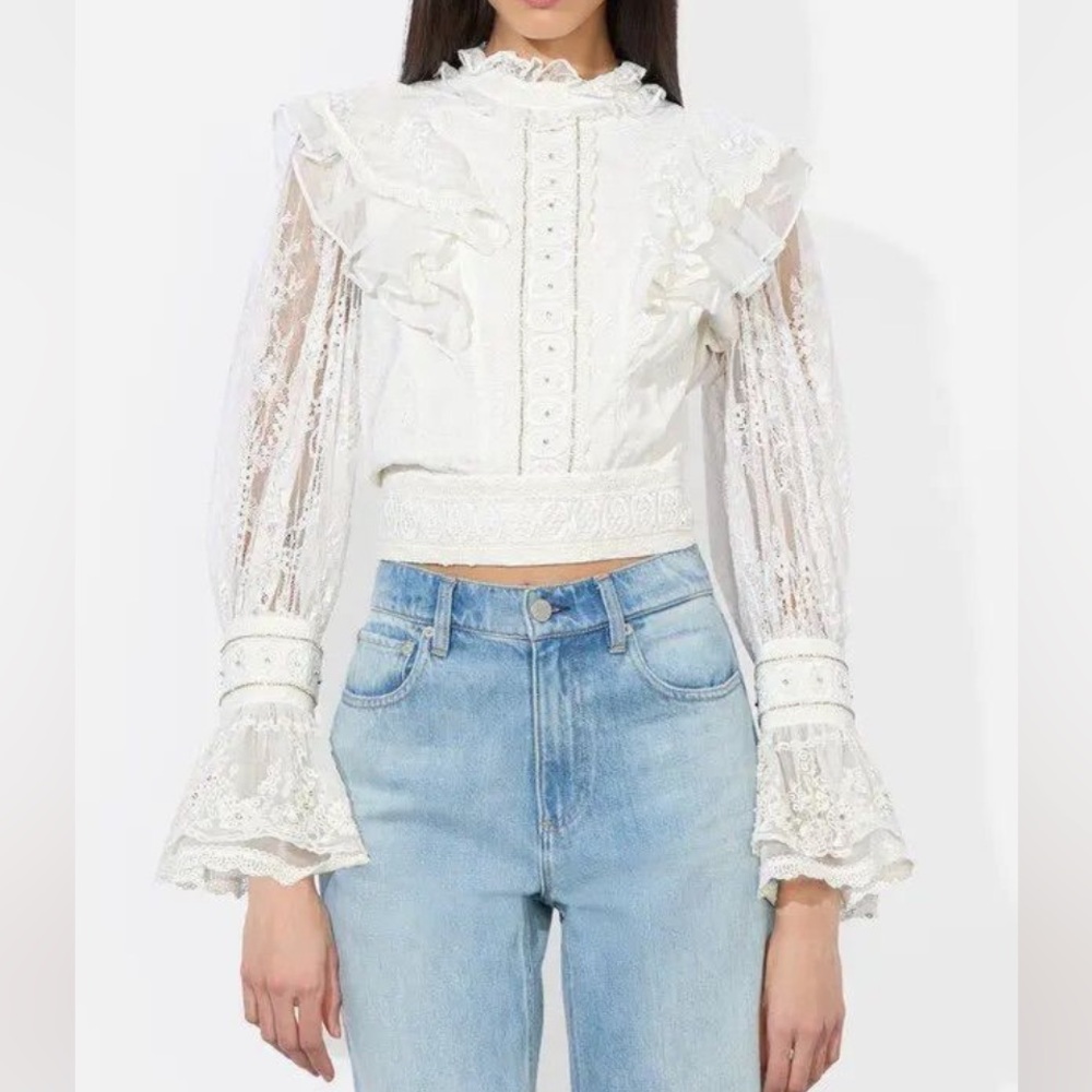 ALICE + OLIVIA
Delpha crystal-embellished ruffled corded lace blouse